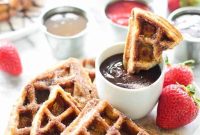 Churro Waffles with Chocolate, Strawberry and Caramel Dips