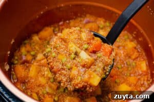 Hearty Quinoa and Vegetable Stew Recipe 6 Quinoa Vegetable Stew being scooped up with a black ladle to serve