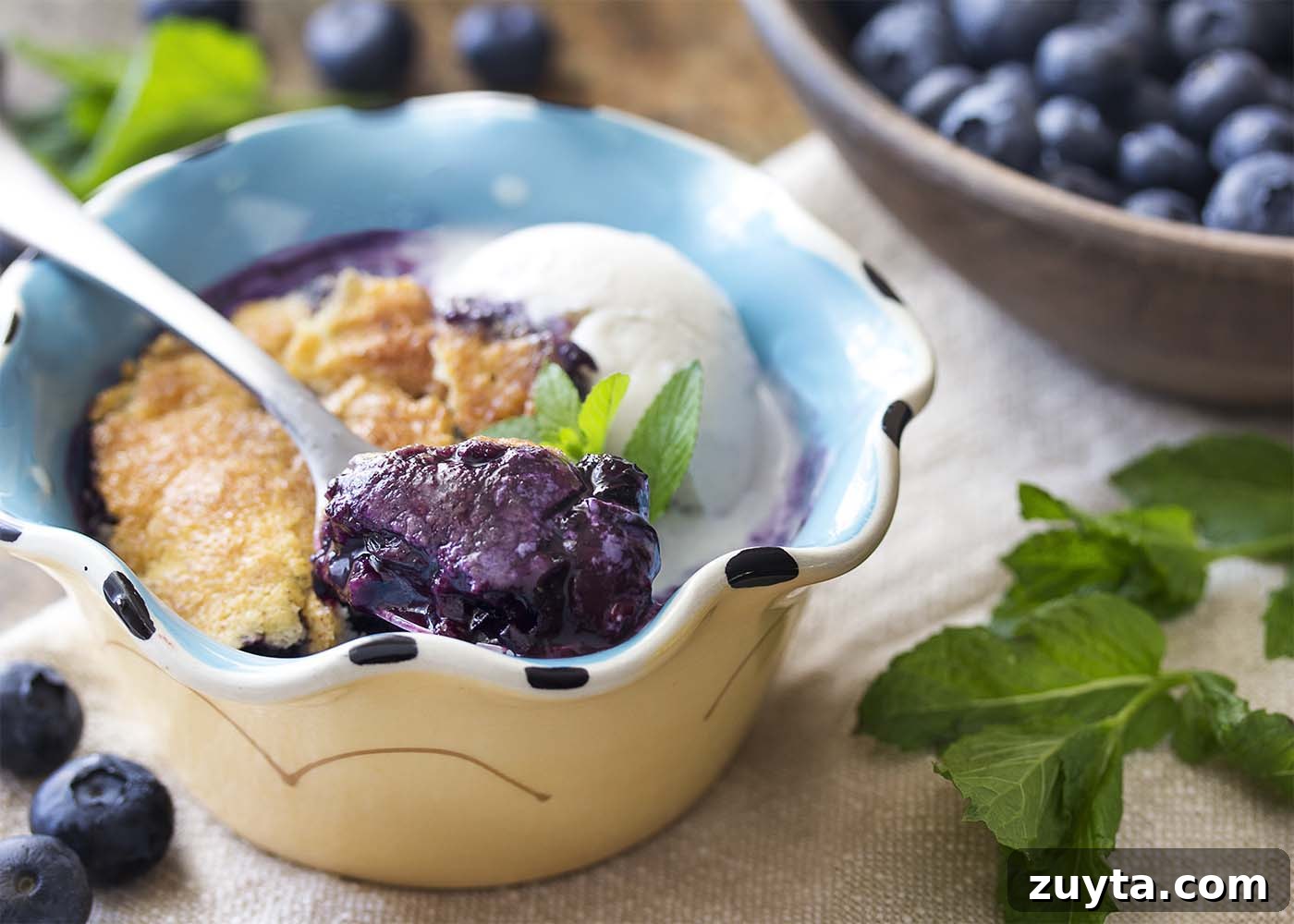 Bowl of blueberry skillet cobbler with mint and vanilla ice cream. A bowl of blueberry cobbler with a spoon and scattered blueberries and mint.