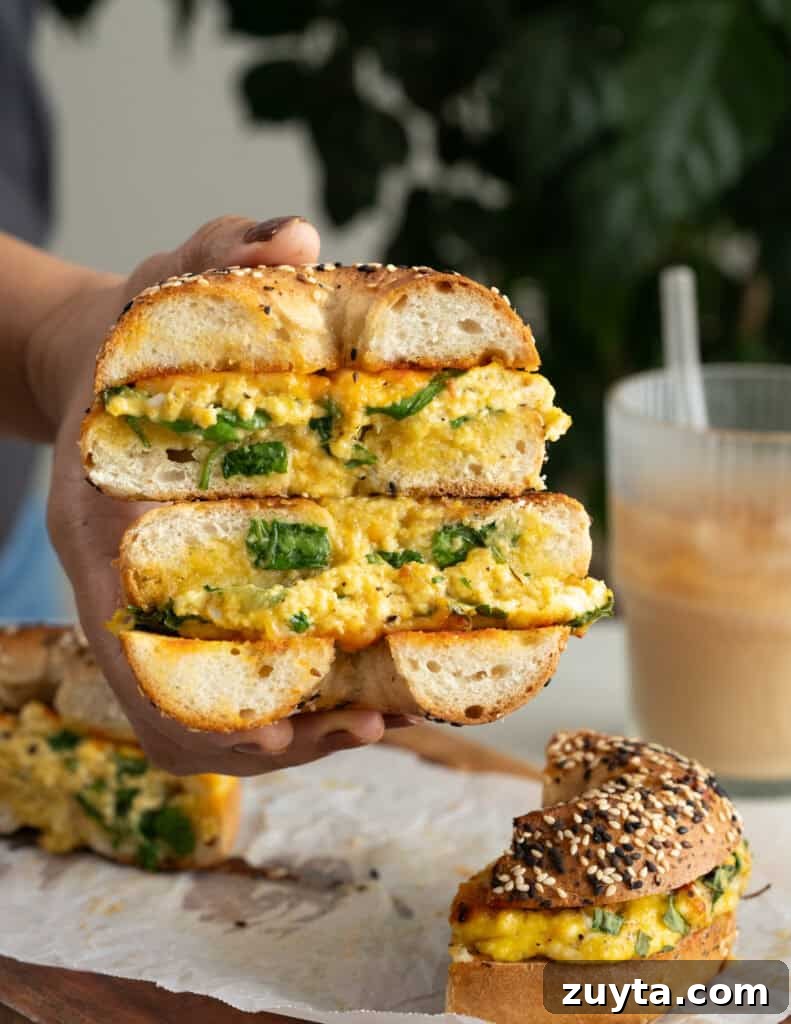 How to Make Shirred Eggs: Baked Egg Recipe 8 Spinach ricotta bagel sandwich.