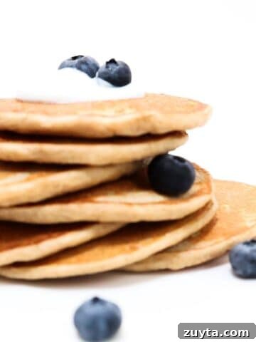 A stack of protein pancakes topped with a small amount of yogurt and a few blueberries.