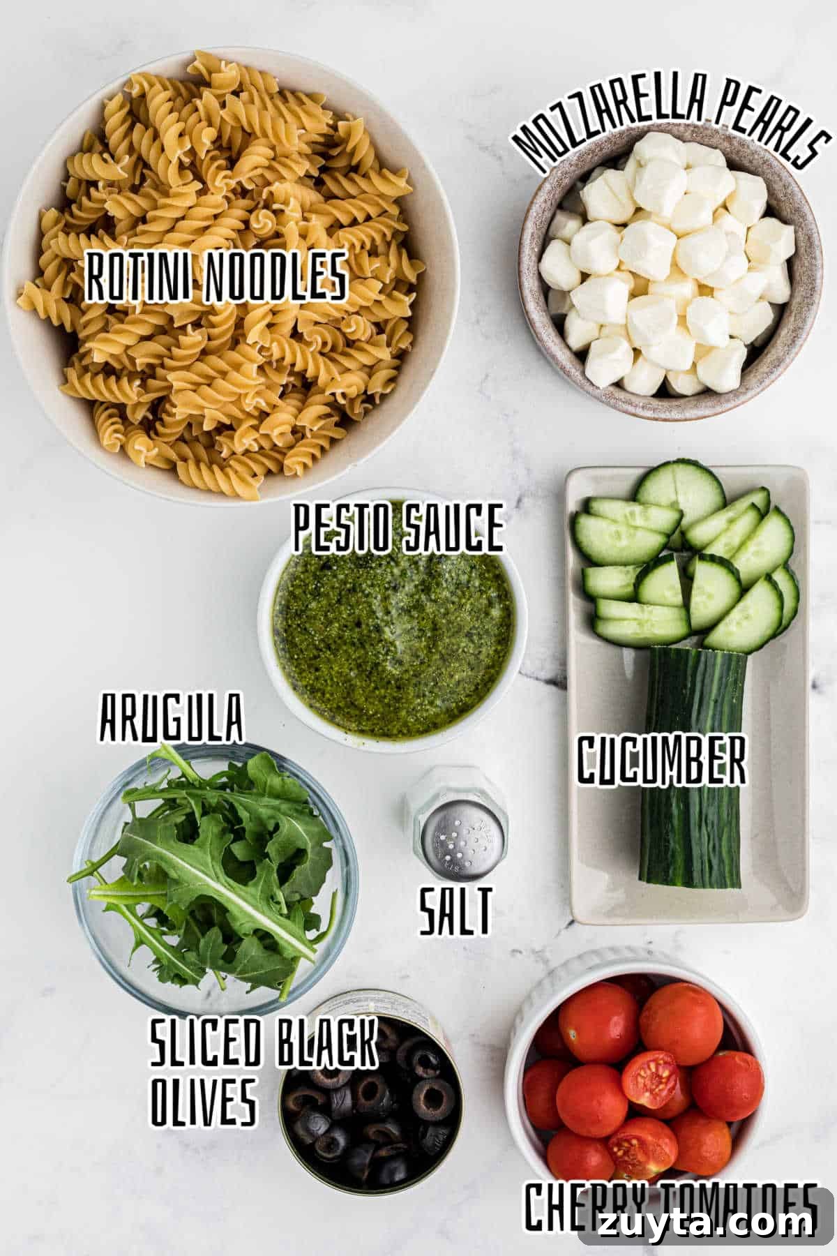 Summer Pesto Pasta Salad with Cherry Tomatoes and Mozzarella 3 Ingredients needed to make a pesto pasta salad.