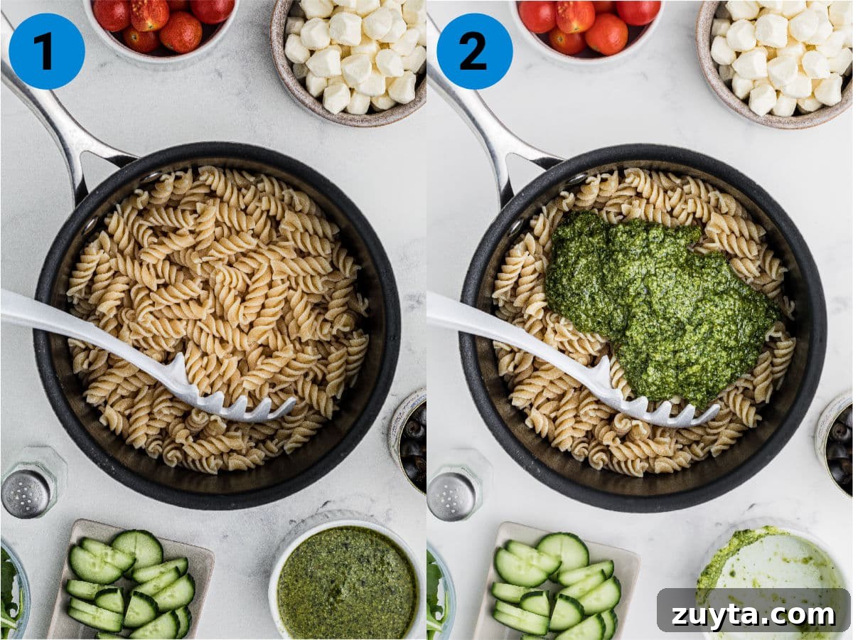 Summer Pesto Pasta Salad with Cherry Tomatoes and Mozzarella 4 Two images showing how to make a pesto pasta salad.