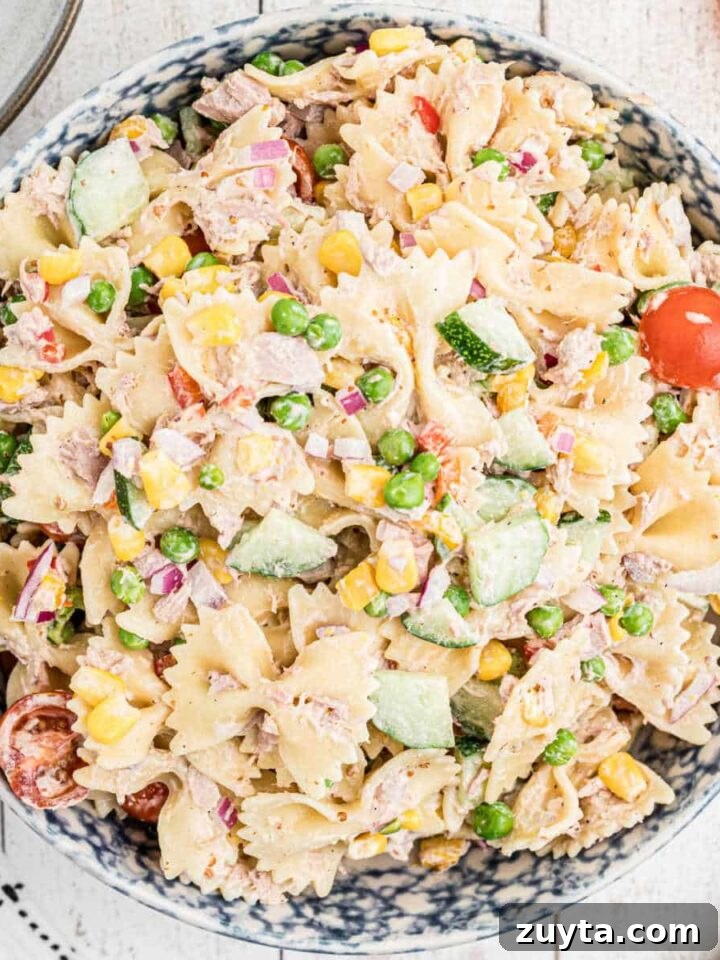 Summer Pesto Pasta Salad with Cherry Tomatoes and Mozzarella 9 overhead shot of tuna pasta salad