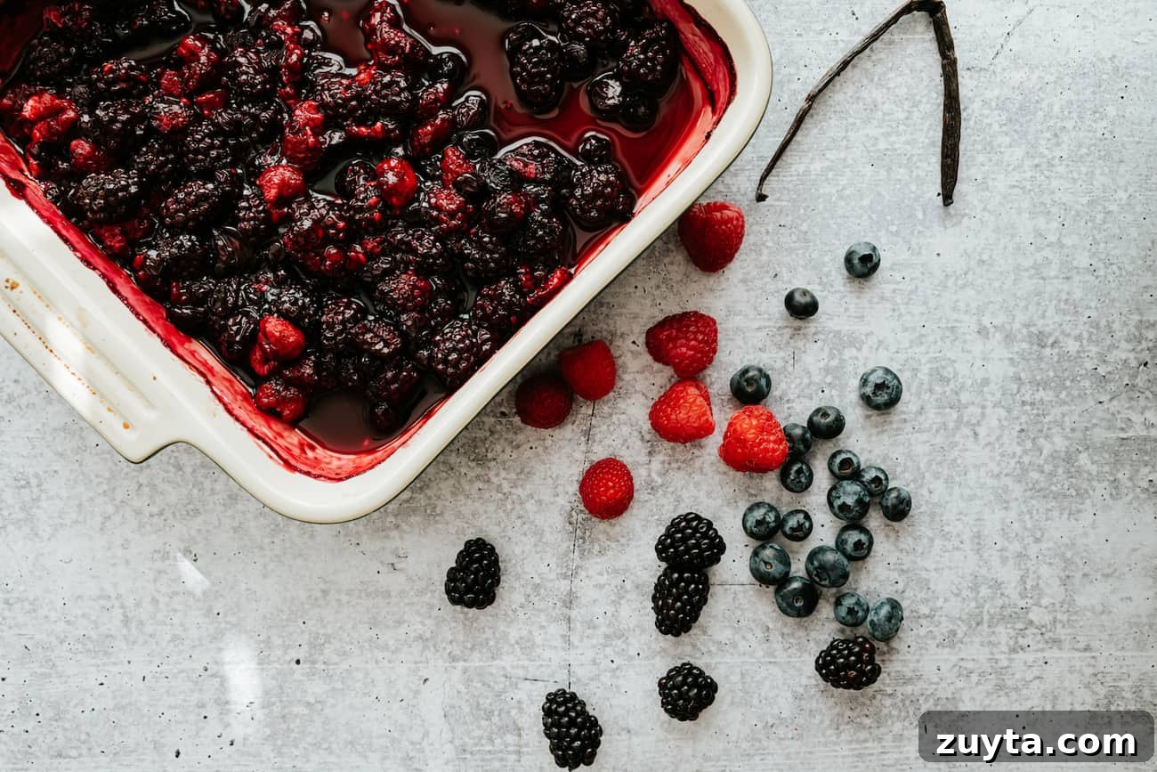 Double Chocolate Cake with Roasted Berries and Mocha Frosting 3 berries in a white roasting pan with some fresh berries and a vanilla bean on the side.