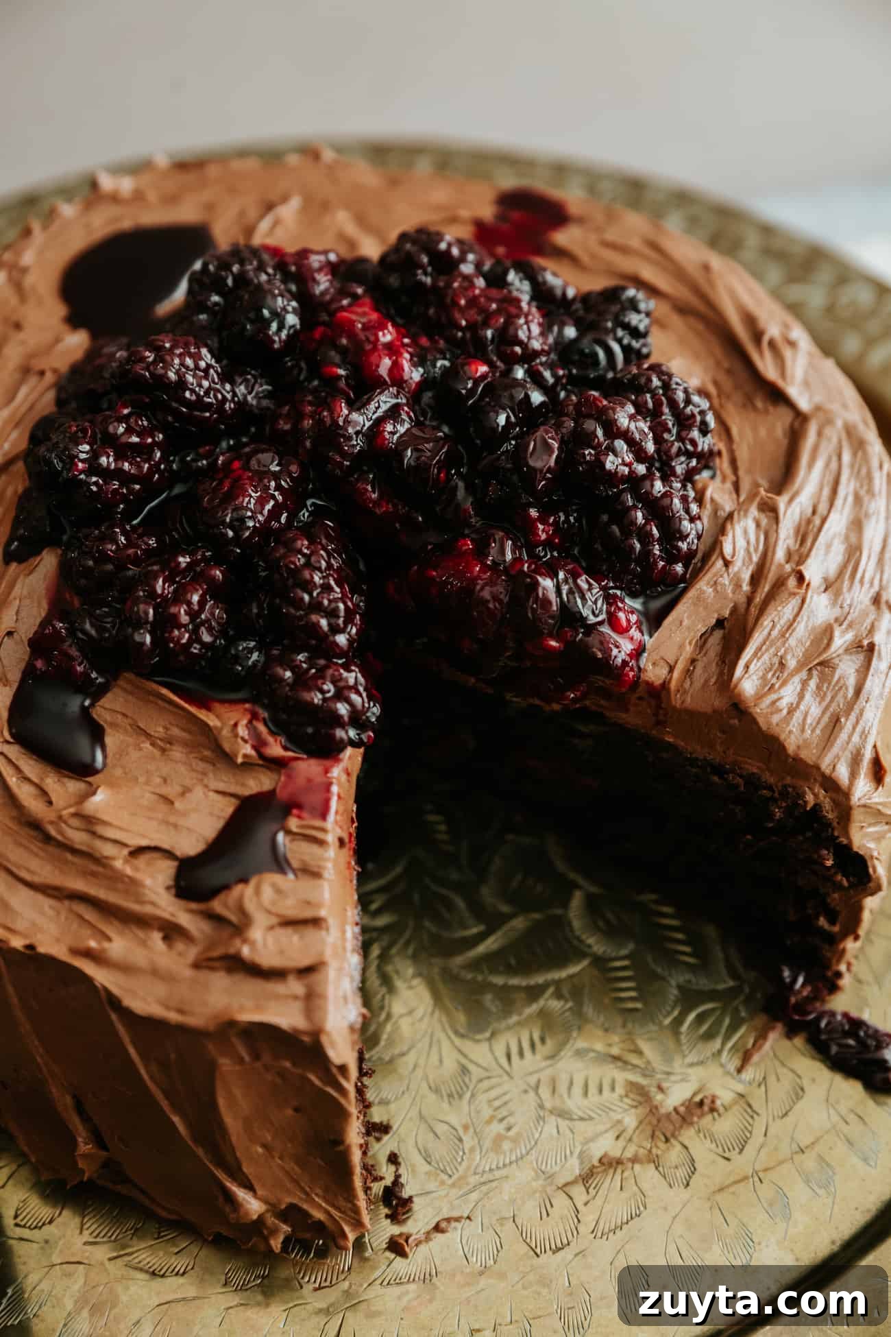 Double Chocolate Cake with Roasted Berries and Mocha Frosting 7 45 degree angle shot of chocolate cake with roasted berries and mocha buttercream after a slice was removed.