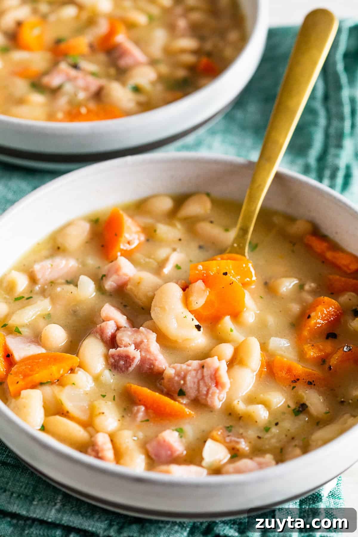 Hearty Ham and Bean Soup Recipe 2 easy ham and bean soup in a bowl with a spoon.