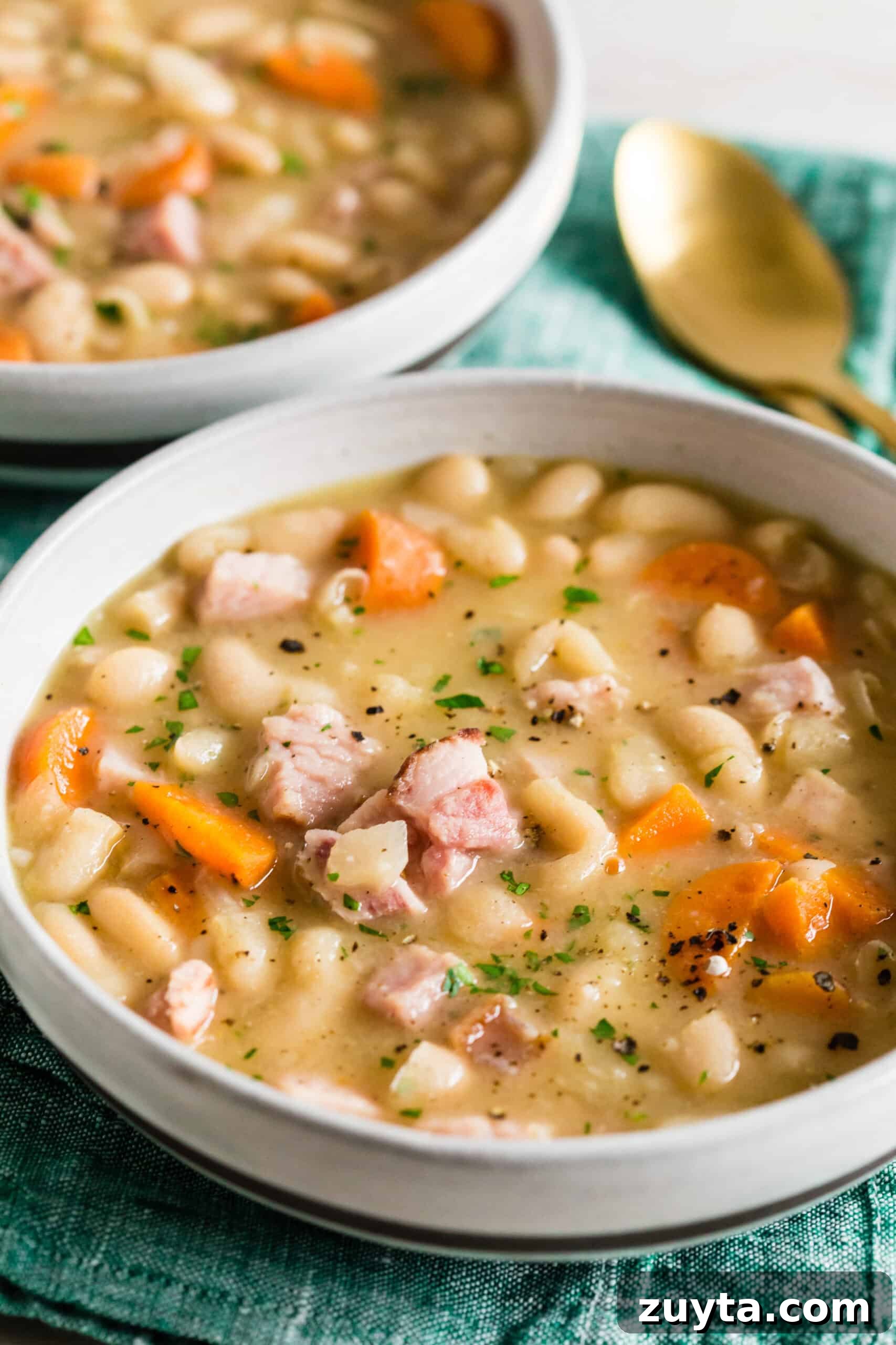 Hearty Ham and Bean Soup Recipe 4 easy ham and bean soup in a bowl sprinkled with fresh herbs.