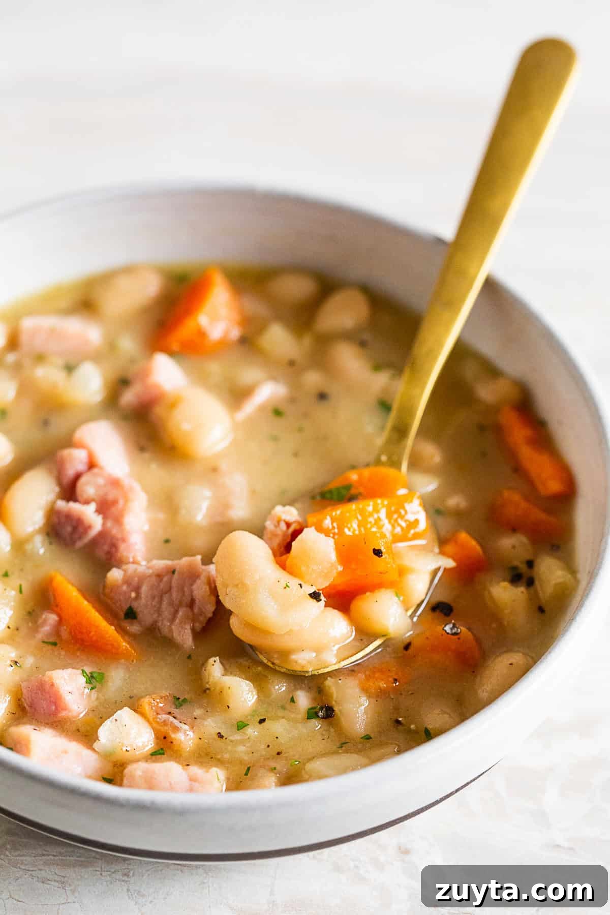 Hearty Ham and Bean Soup Recipe 6 A spoon with a spoonful of ham and bean soup.