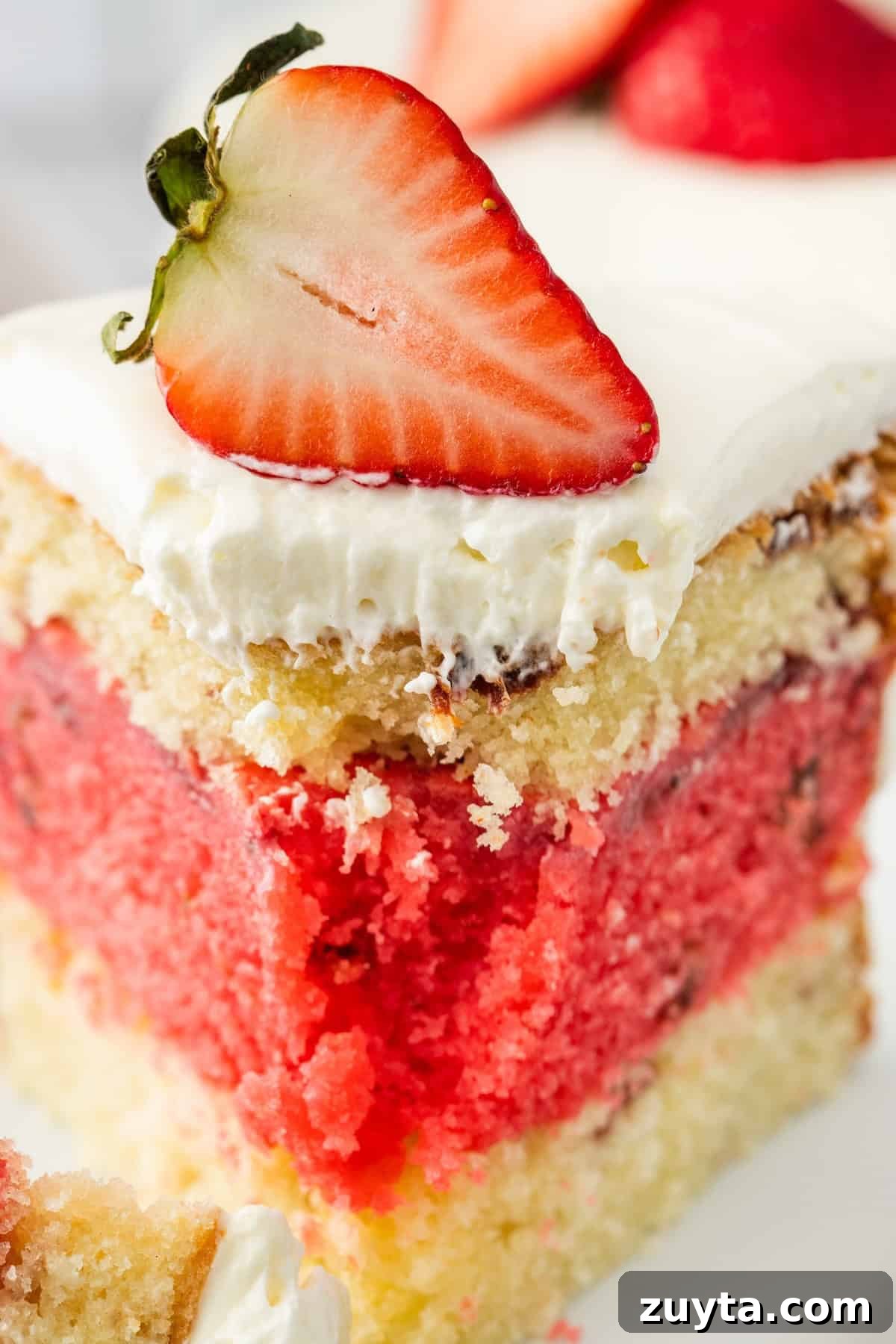 cake with two layers of vanilla one os strawberry with white frosting and a strawberry on top