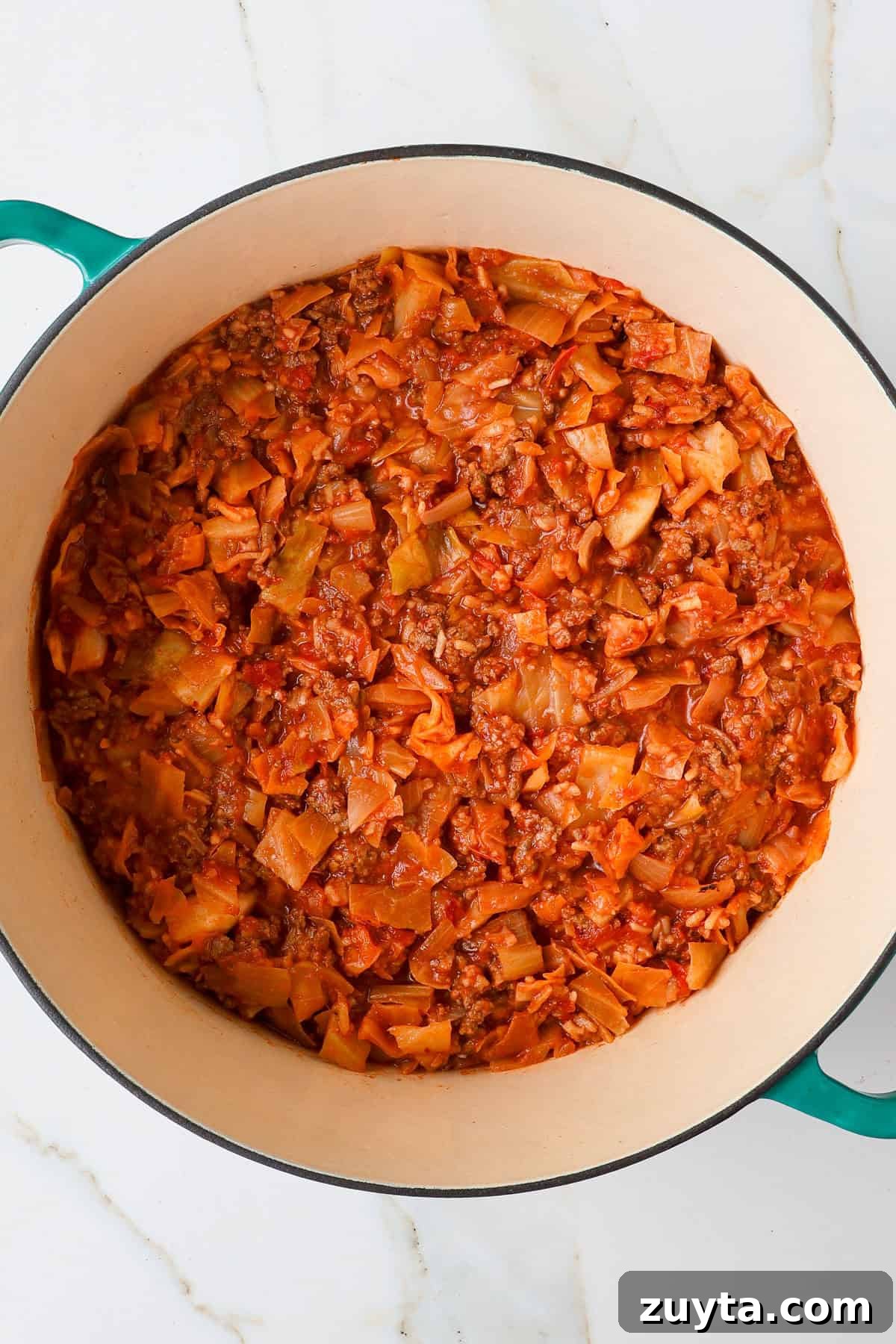 Spicy Chipotle Ground Beef and Cabbage Casserole Recipe 3 Ground beef and cabbage casserole in a pot.