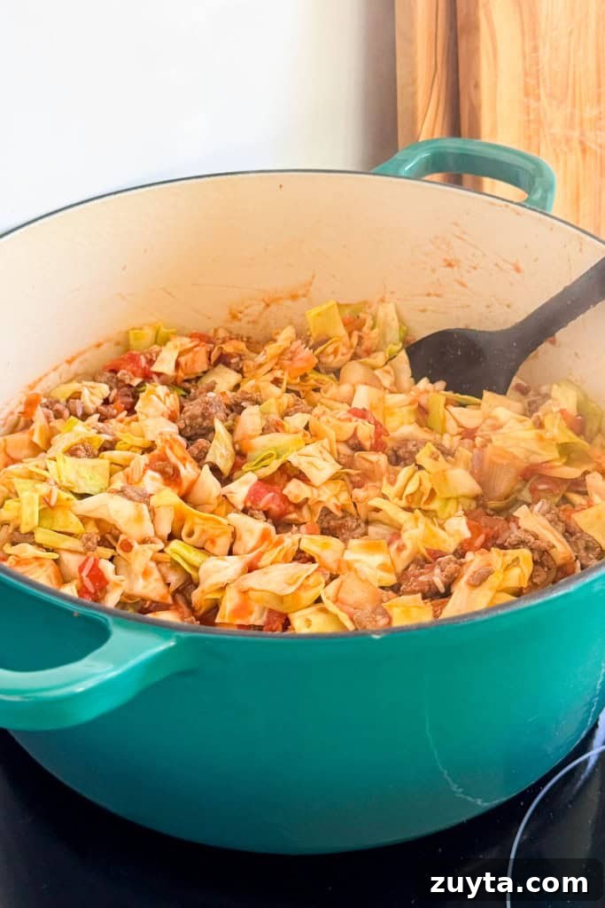 Spicy Chipotle Ground Beef and Cabbage Casserole Recipe 8 Everything being stirred in the pot.