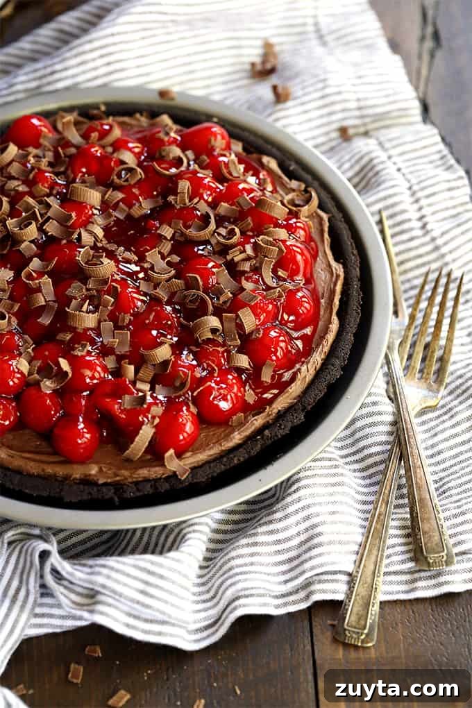 My Black Forest No Bake Cheesecake takes just 10 minutes to prepare and is an absolute must for chocolate lovers! A Black Forest No Bake Cheesecake sits on a striped napkin with two forks.