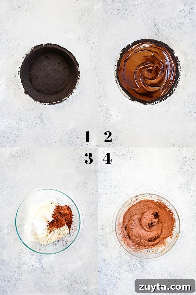 My Black Forest No Bake Cheesecake takes just 10 minutes to prepare and is an absolute must for chocolate lovers! How to create a Black Forest No Bake Cheesecake, steps 1-4.