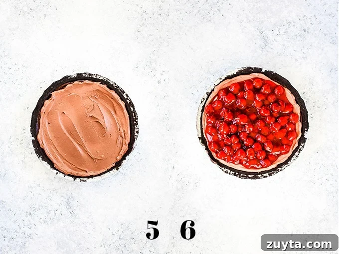 My Black Forest No Bake Cheesecake takes just 10 minutes to prepare and is an absolute must for chocolate lovers! How to create Black Forest No Bake Cheesecake, steps 5-6.