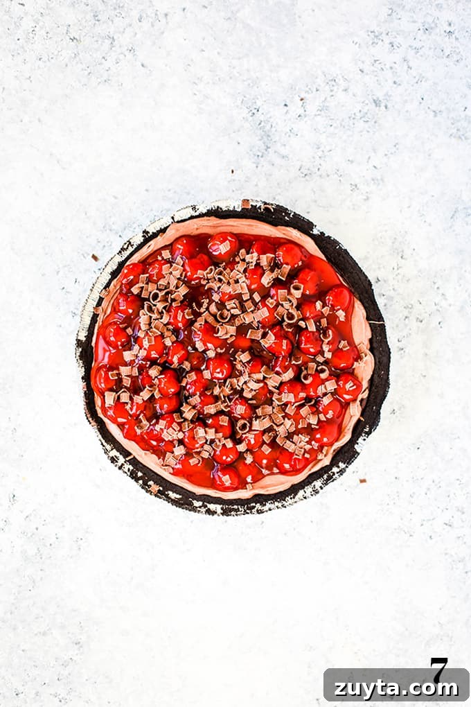 My Black Forest No Bake Cheesecake takes just 10 minutes to prepare and is an absolute must for chocolate lovers! How to create a Black Forest No Bake Cheesecake, step 7.