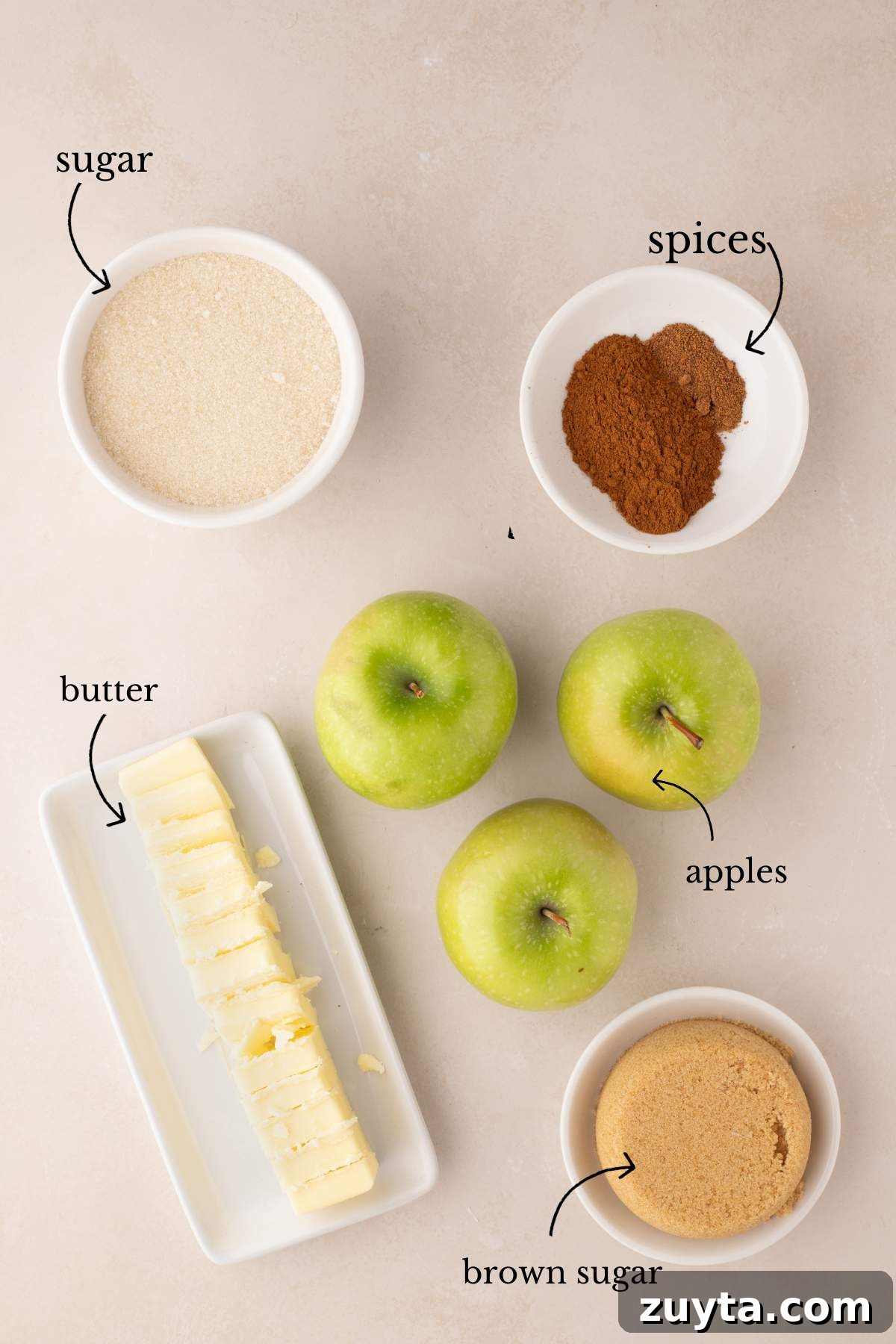 Crockpot Fried Apples with Cinnamon and Brown Sugar 3 labeled ingredients on white counter.