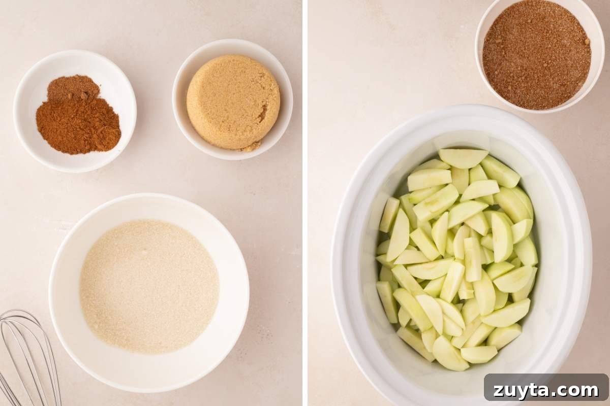 Crockpot Fried Apples with Cinnamon and Brown Sugar 4 apples and bowl of mixed spiced sugar