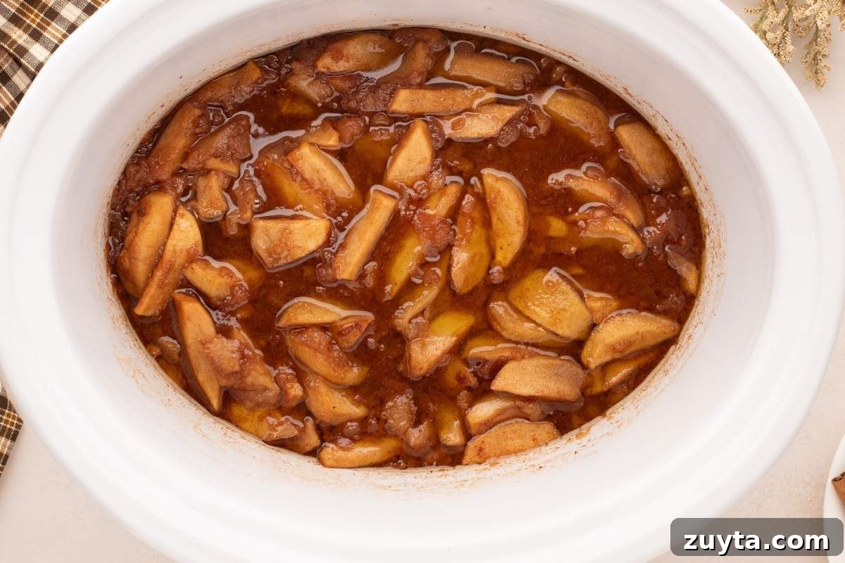 Crockpot Fried Apples with Cinnamon and Brown Sugar 6 finished cooked apples in slow cooker