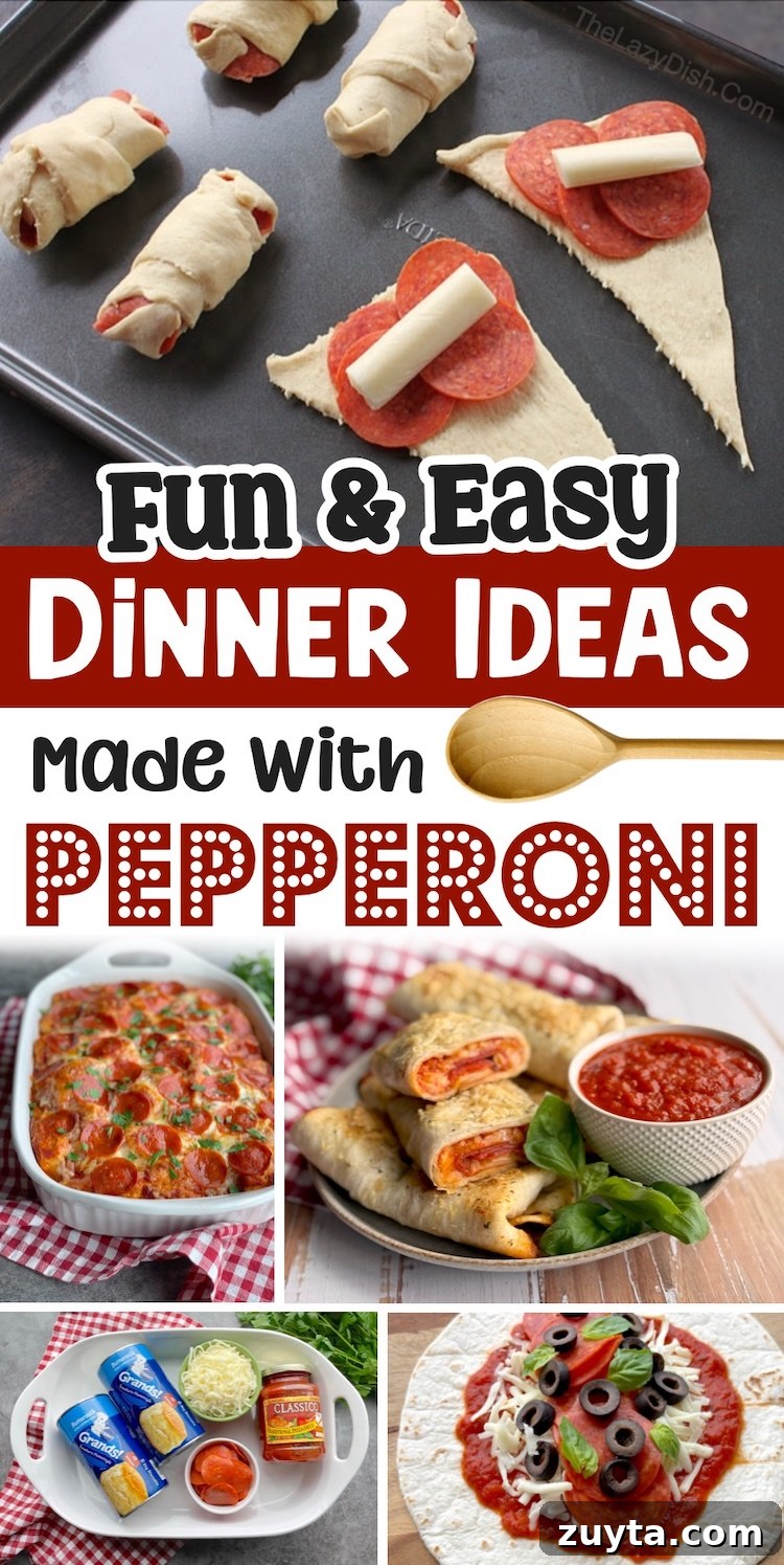 13 Pepperoni Dinner Recipes to Make Tonight 2 Yummy pepperoni dinner ideas for your family! I've rounded up a list of dinner ideas made with pepperoni and a few other simple and cheap ingredients. These quick and easy meals are kid friendly, fast to make for last minute dinners, fun and creative for picky eaters, and delicious of course! Unique ways to use pepperoni for dinner besides a traditional pizza.