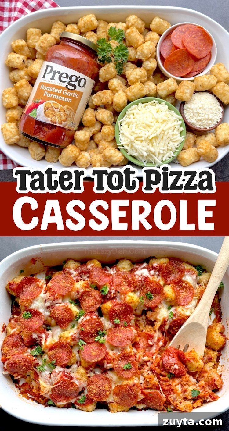 13 Pepperoni Dinner Recipes to Make Tonight 6 A simple dump and bake dinner made with frozen tater tots, pasta sauce, cheese, and lots of flavorful pepperoni, resulting in a kid friendly dinner that can be whipped up fast on busy school nights.