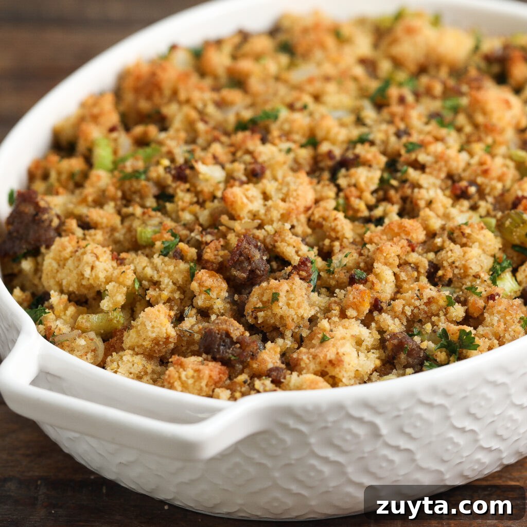 Cornbread Sausage Stuffing Recipe for Thanksgiving 2 Cornbread sausage stuffing in a casserole dish