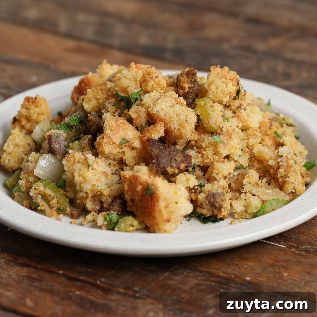 Cornbread Sausage Stuffing Recipe for Thanksgiving 3 Close-up of cornbread sausage stuffing