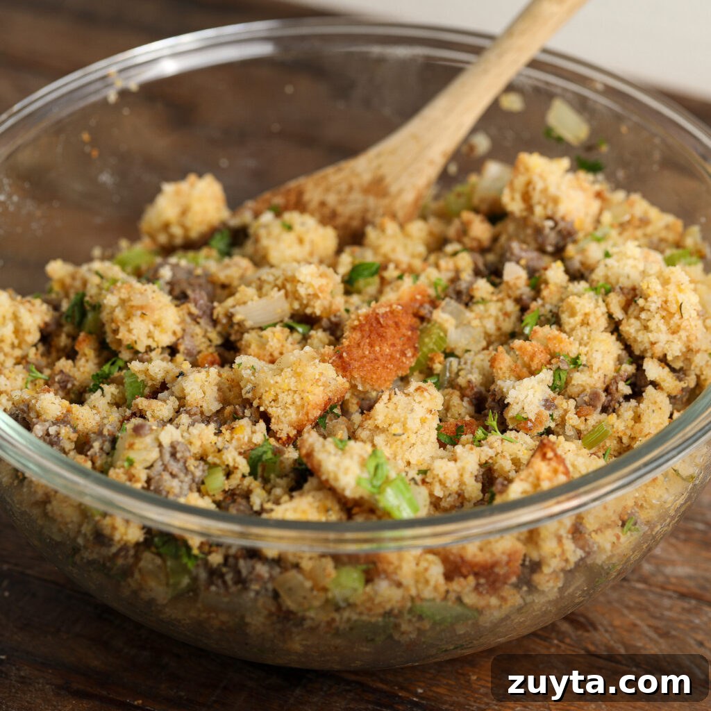 Cornbread Sausage Stuffing Recipe for Thanksgiving 5 Sausage and vegetables browning in a skillet