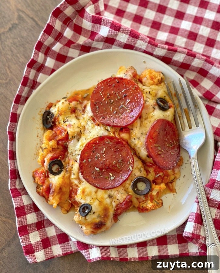 Cheesy Cauliflower Pizza Casserole Recipe 2 Quick and easy low carb dinner idea! This cauliflower pizza casserole is so simple to make with just a few ingredients and the pizza toppings of your choice. It's healthy, keto friendly, and super delicious! Even my picky family loves it. Effortless to make in just one dish.