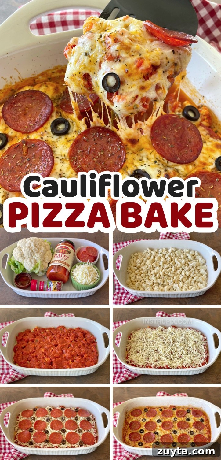 Cheesy Cauliflower Pizza Casserole Recipe 9 Cauliflower Pizza Casserole | A super quick and easy low carb dinner idea! I'm always looking for keto friendly meals that my entire family can enjoy, and even my picky eaters love this pizza inspired casserole! It's simple to make with just a few cheap ingredients including a head of cauliflower, marinara, mozzarella, and the pizza toppings of your choice like pepperoni. It's perfect for busy school night meals! Great leftover for lunch the next day, too.