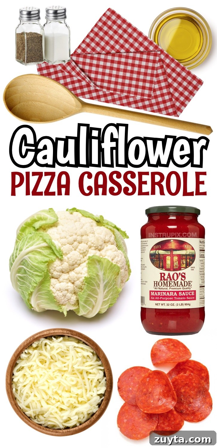 Cheesy Cauliflower Pizza Casserole Recipe 10 Keto Cauliflower Pizza Casserole | Roasted cauliflower florets topped with marinara, shredded cheese, and pizza toppings baked until warm and bubbly.