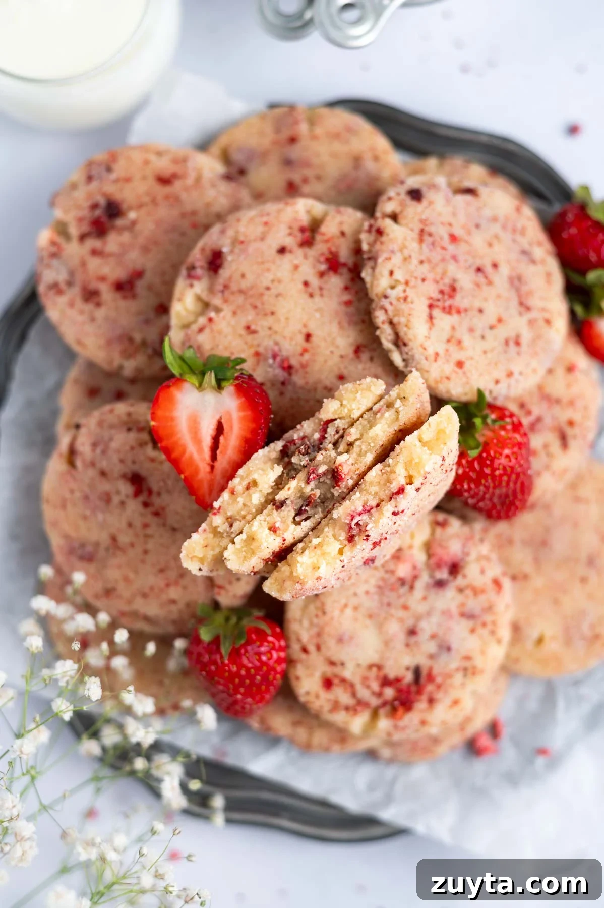 strawberry sugar cookies on a plate with a few broken open to show the soft centers