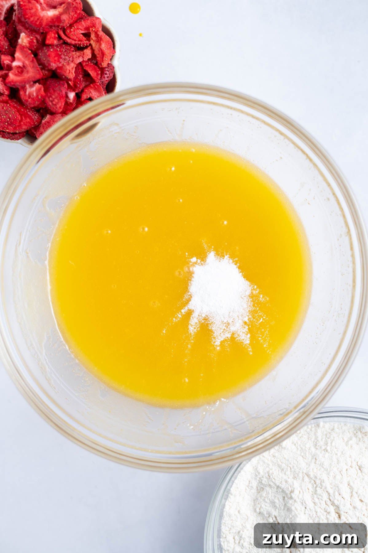 baking powder added to melted butter and sugar mixture