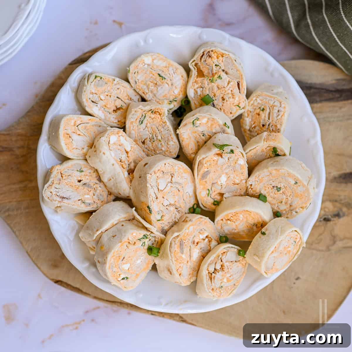 Buffalo Chicken Pinwheels Appetizer Recipe 11 plate of buffalo chicken pinwheels.