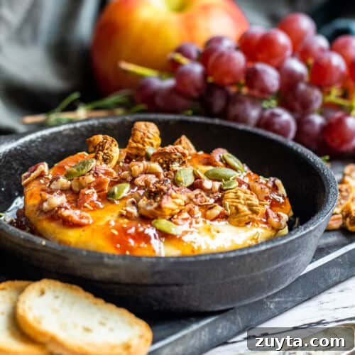 Honey Apricot Goat Cheese Log with Toasted Almonds 11 Brie in small cast iron skillet with grapes in the background.
