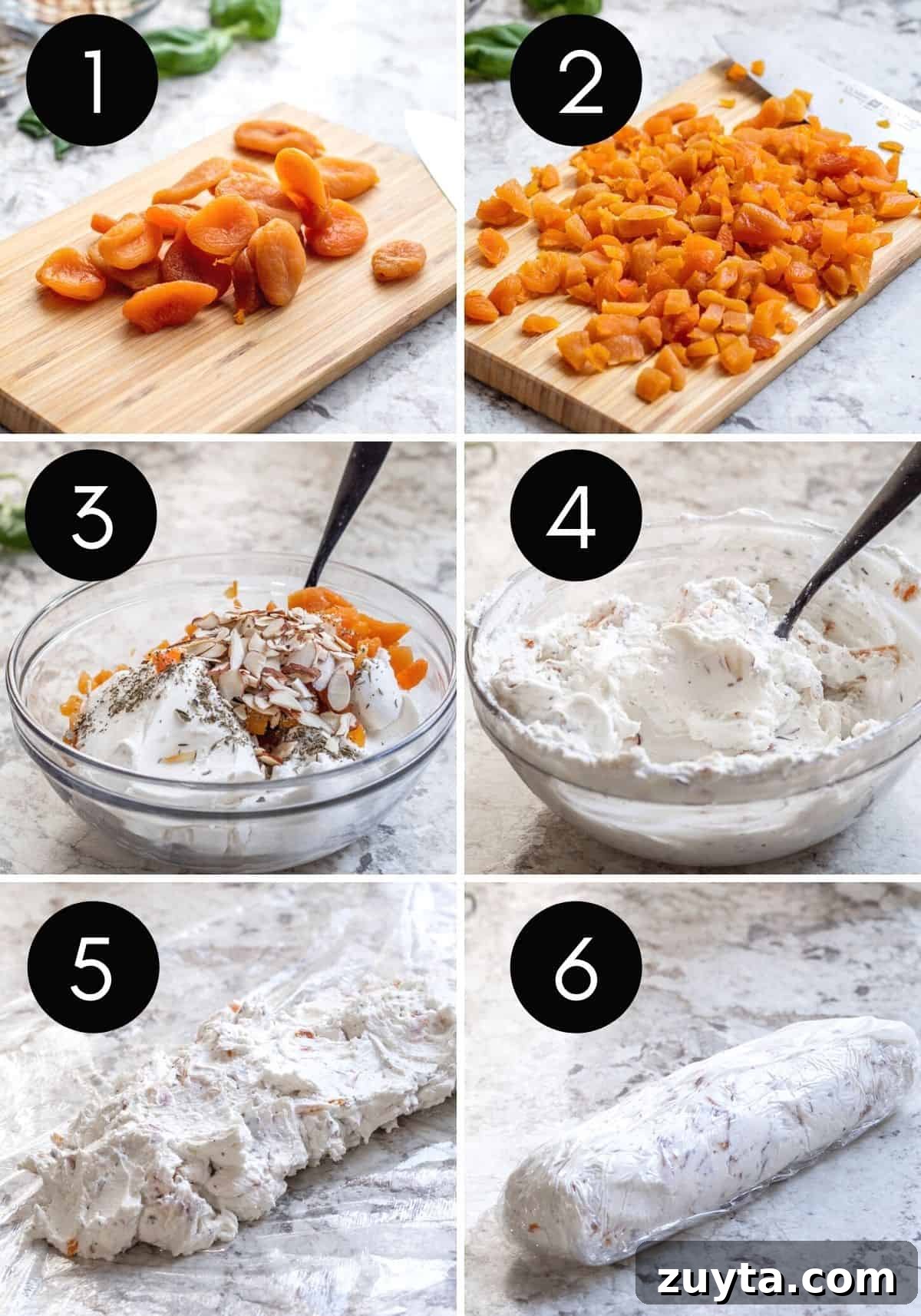 Honey Apricot Goat Cheese Log with Toasted Almonds 4 Six image prep collage showing ingredient prep and cheese being mixed and rolled.