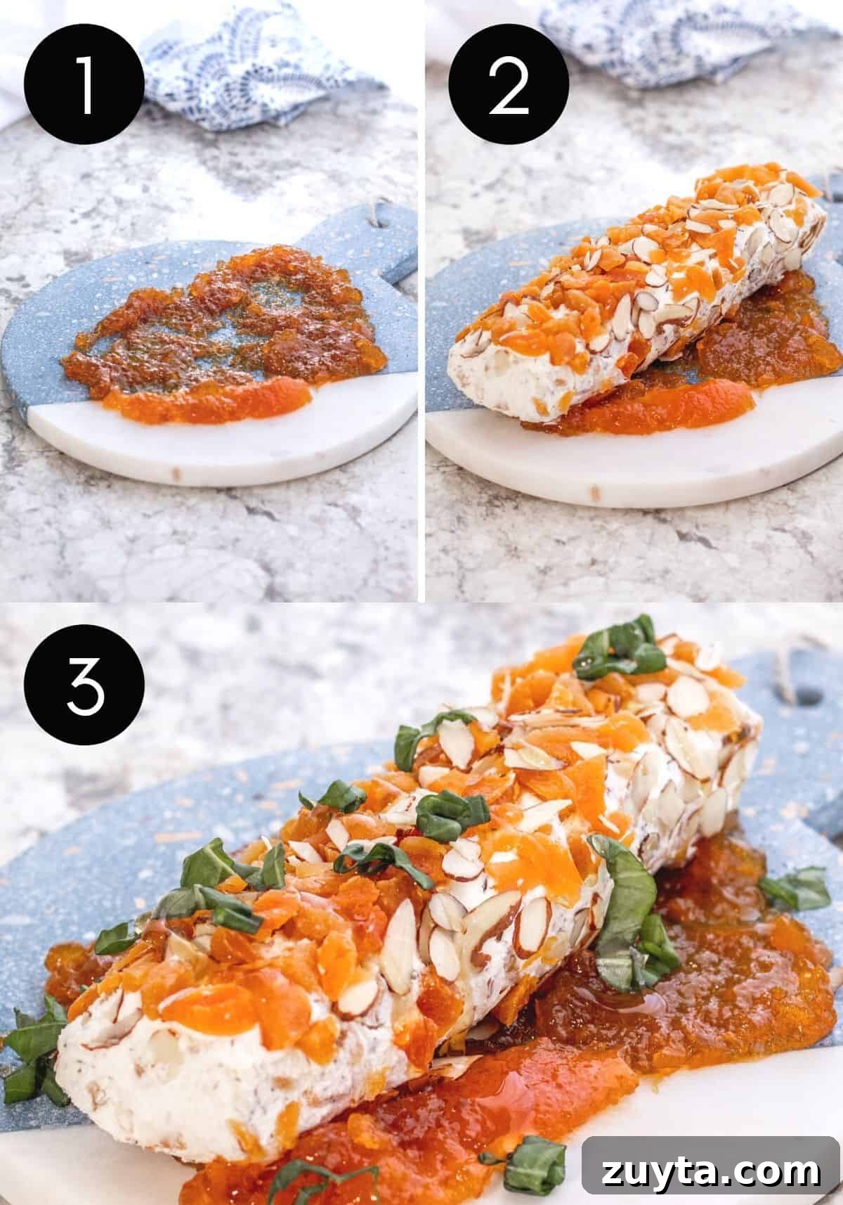 Honey Apricot Goat Cheese Log with Toasted Almonds 5 Three ingredient prep image showing cheese being coated and served.