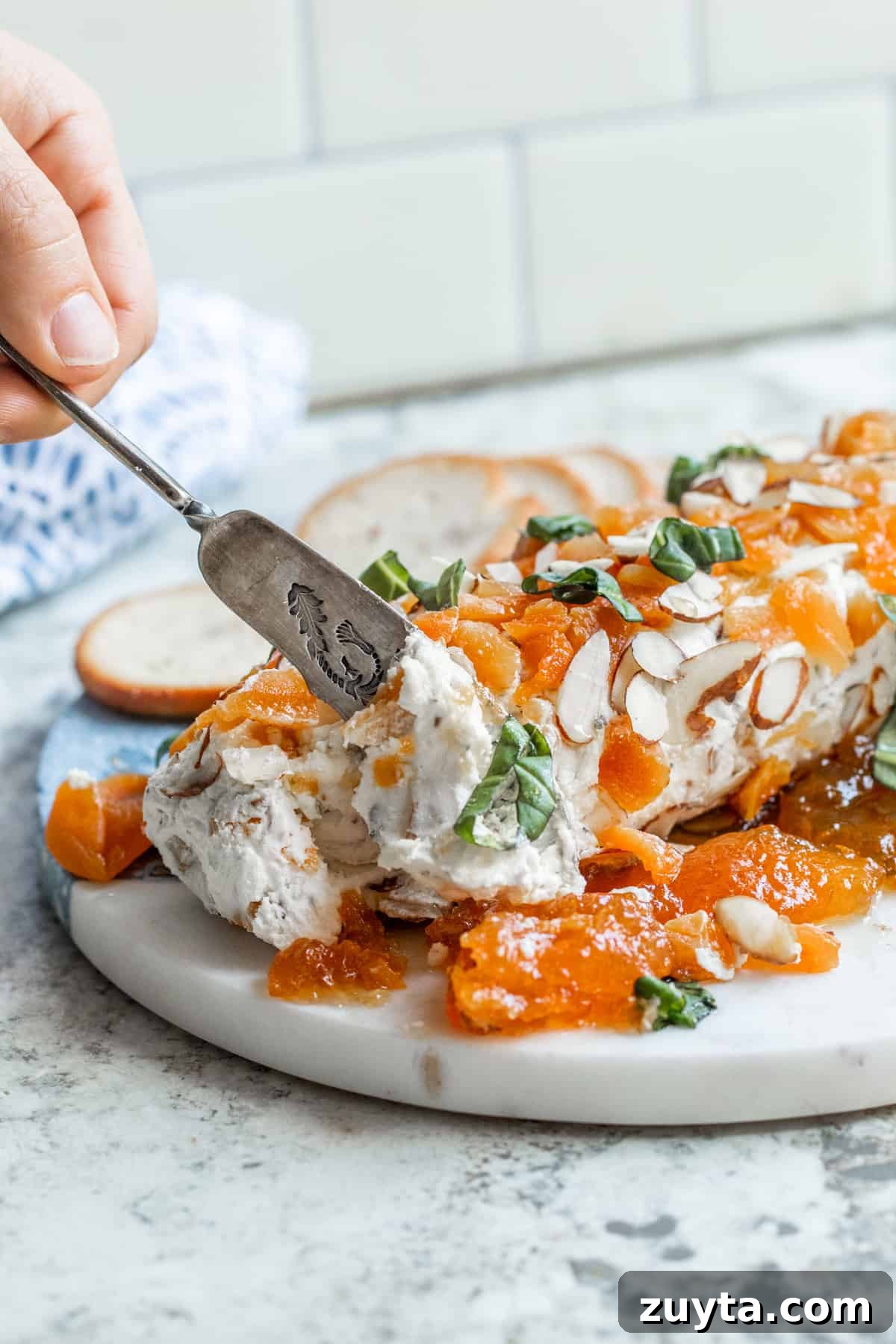 Honey Apricot Goat Cheese Log with Toasted Almonds 6 Hand cutting cheese cheese with silver serving knife.