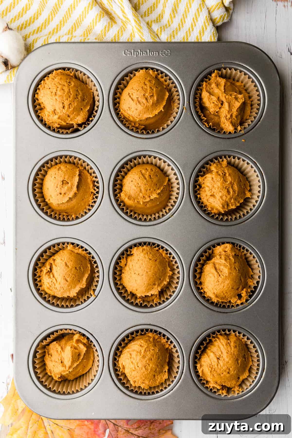 2-Ingredient Pumpkin Muffins Recipe 5 muffins in a tin before baking