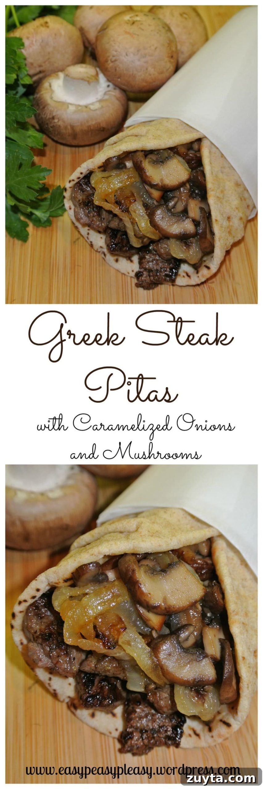 Husband's Most-Requested Dinner Recipe: What I Make Tonight 2 Greek Steak Pitas with Caramelized Onions and Mushrooms
