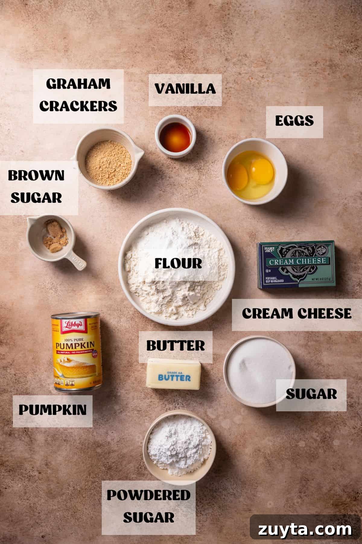 Pumpkin Cheesecake Cookies Recipe 3 Ingredients needed to make cream cheese pumpkin cookies in bowls with labels.