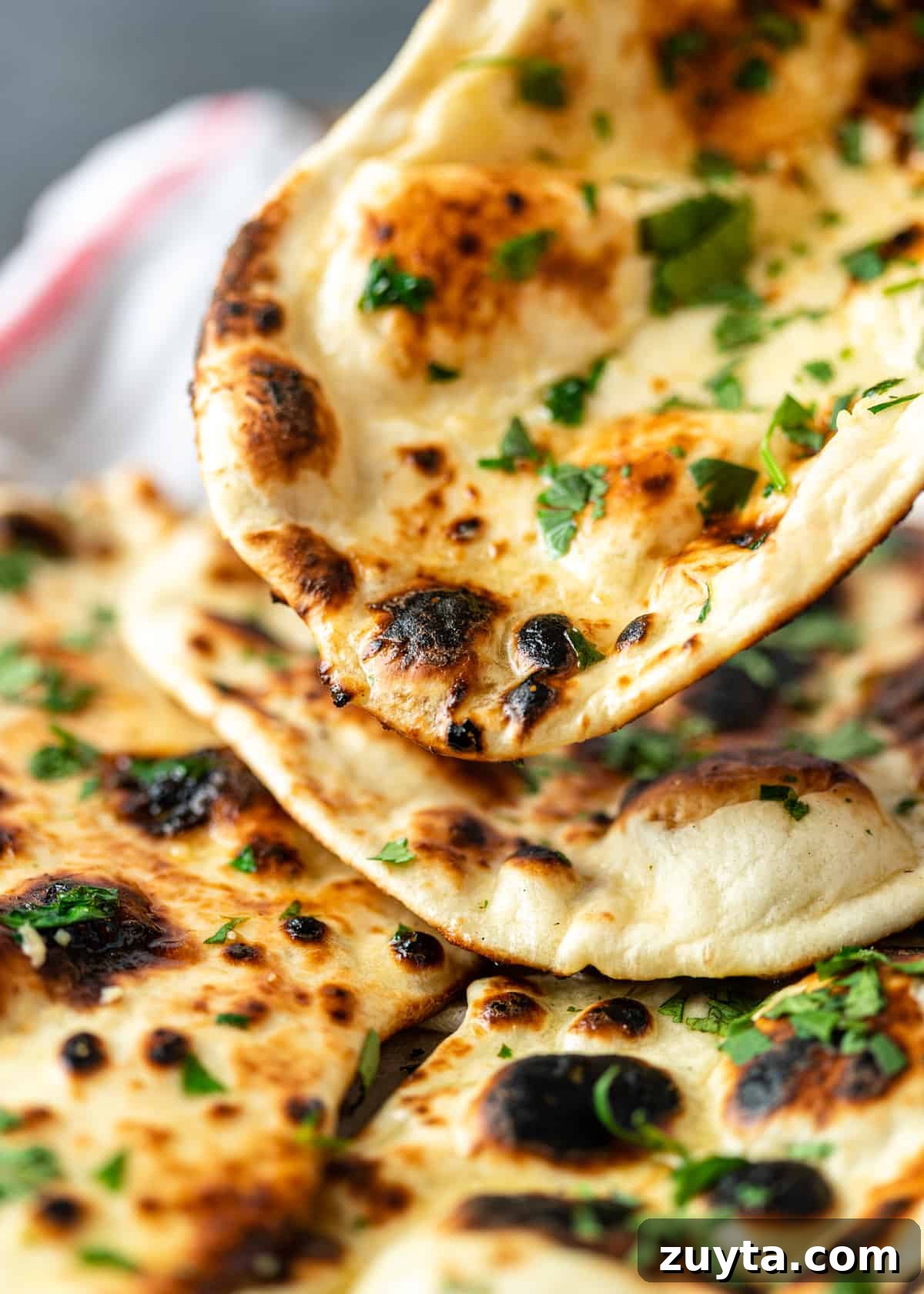 How to Make Naan at Home: Authentic Indian Flatbread 14 closeup: naan bread recipe with cilantro on tray