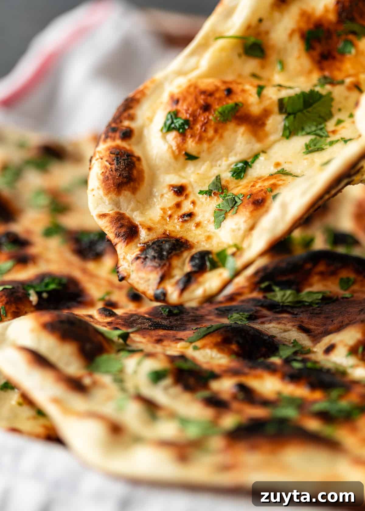 How to Make Naan at Home: Authentic Indian Flatbread 2 picking up garlic naan with cilantro on tray