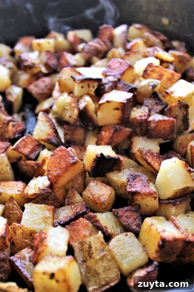 Crispy Skillet Breakfast Potatoes Recipe 3 hot breakfast potatoes in cast iron skillet
