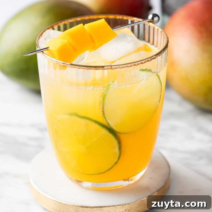 A mango rum cocktail garnished with mango chunks and lime wheels.