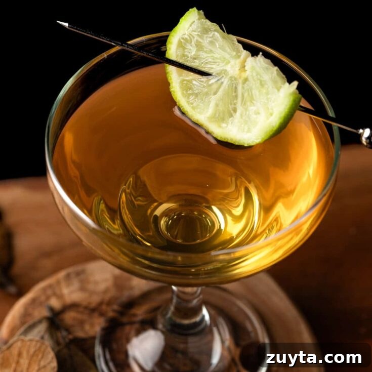 A dark rum daiquiri garnished with a slice of lime.