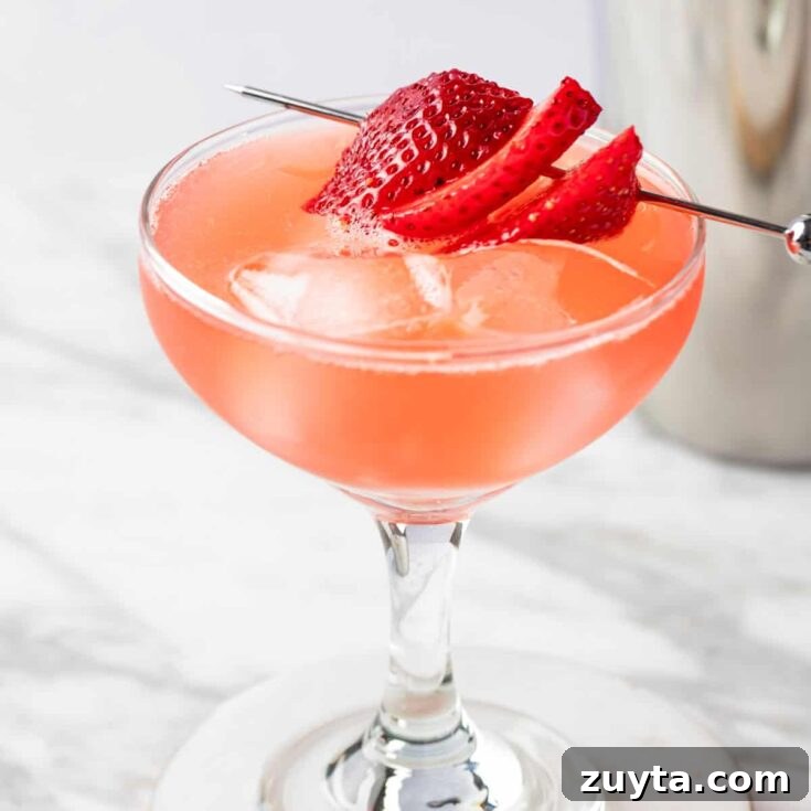A Strawberry Daiquiri On The Rocks garnished with strawberry slices.