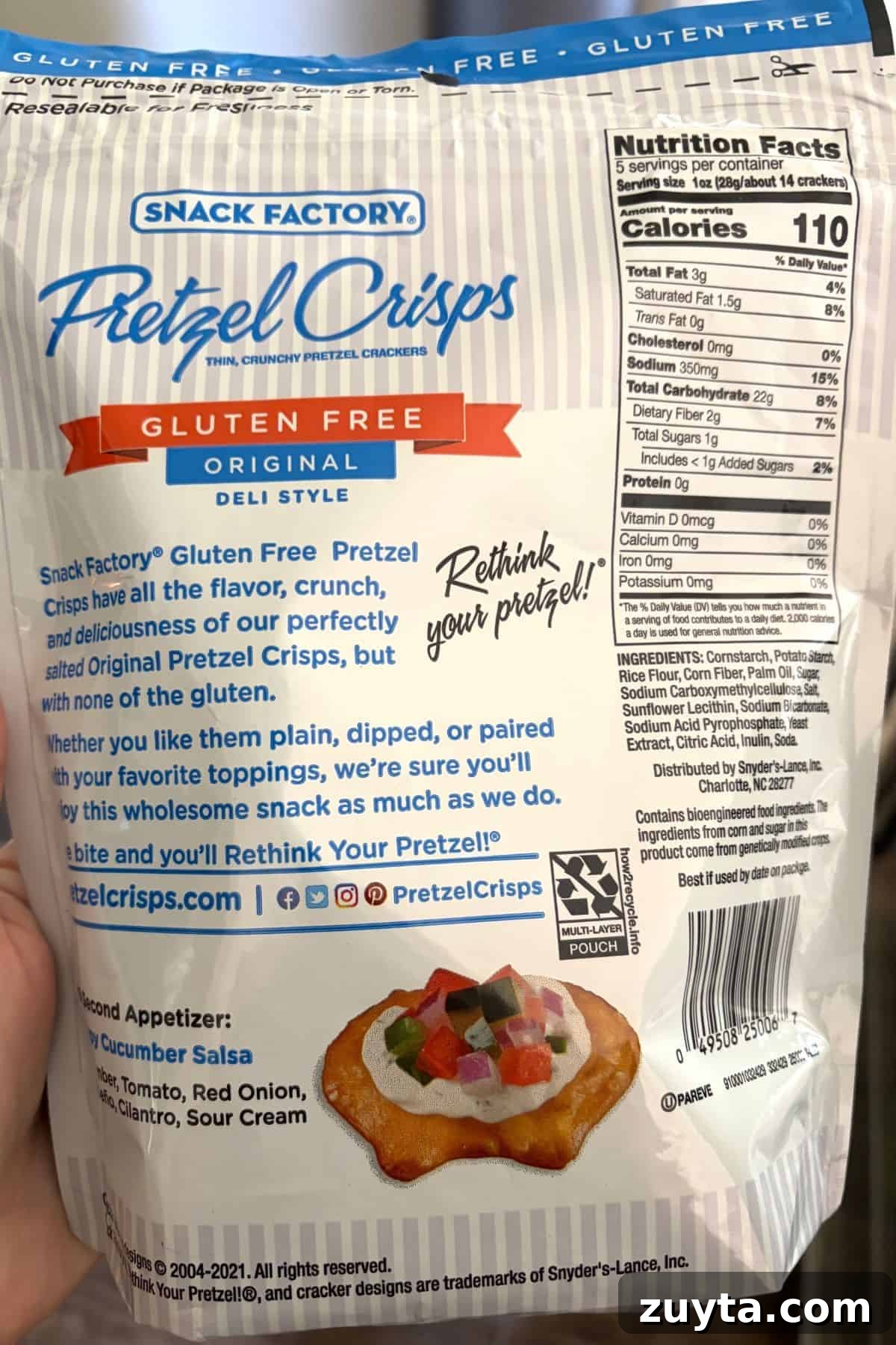 snack factory gluten free pretzel crisps back of bag