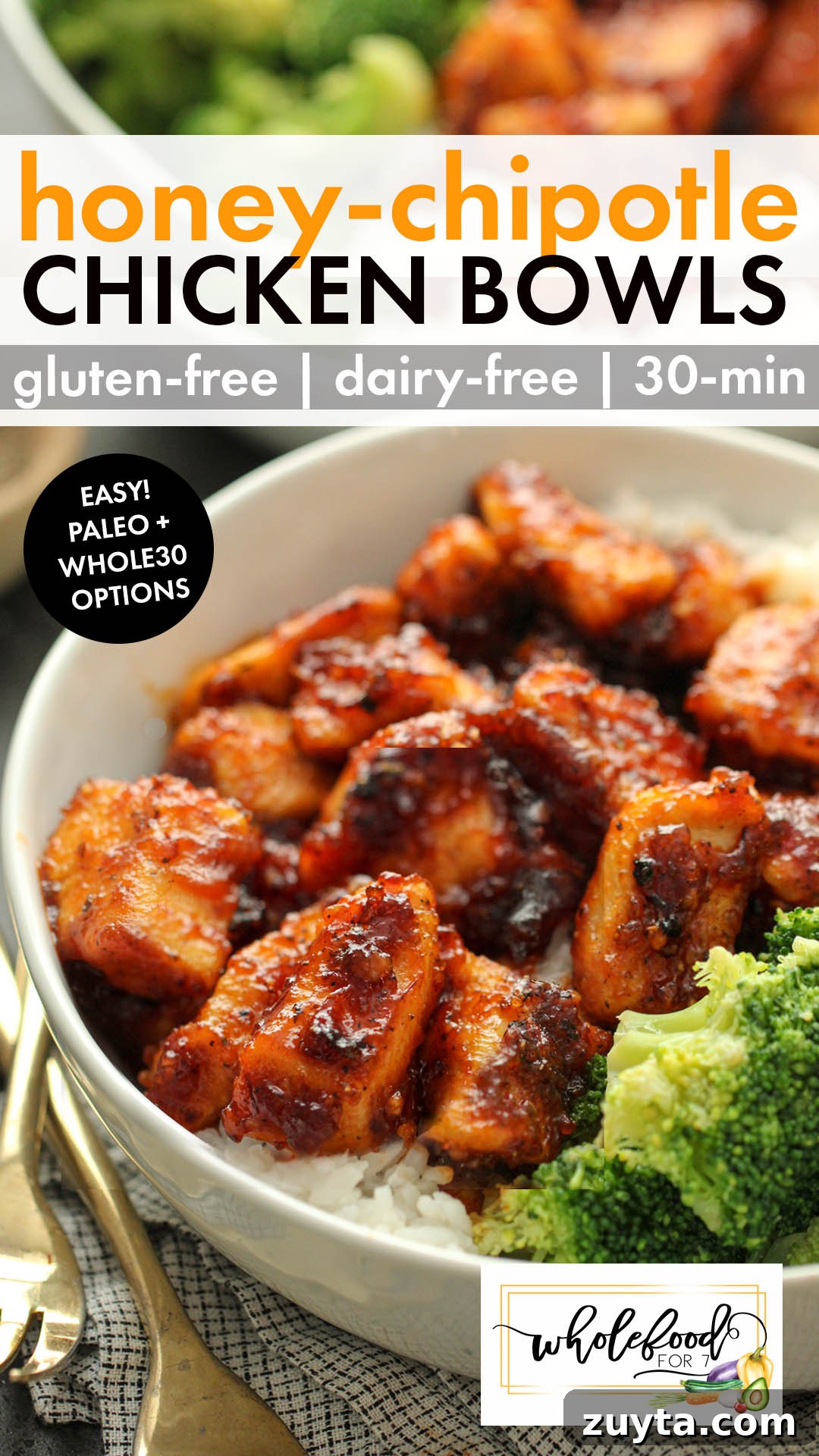 Honey Chipotle Chicken Bowl with Cilantro Lime Rice 2 Honey Chipotle Chicken Rice Bowls - Gluten-free, dairy-free, nut-free, egg-free. An EASY 30-minute meal that is kid-approved and includes Paleo and Whole30 options.