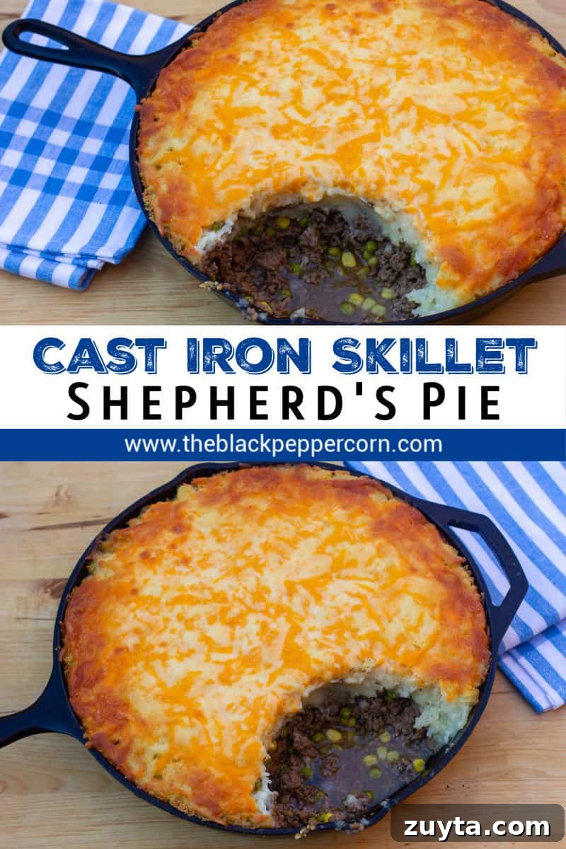 Skillet Shepherd's Pie with Cheddar Mashed Potatoes 6 How to make shepherd's pie in a cast iron skillet! Baked recipe has beef filling with peas and corn, topped with mashed potatoes and grated cheddar cheese.